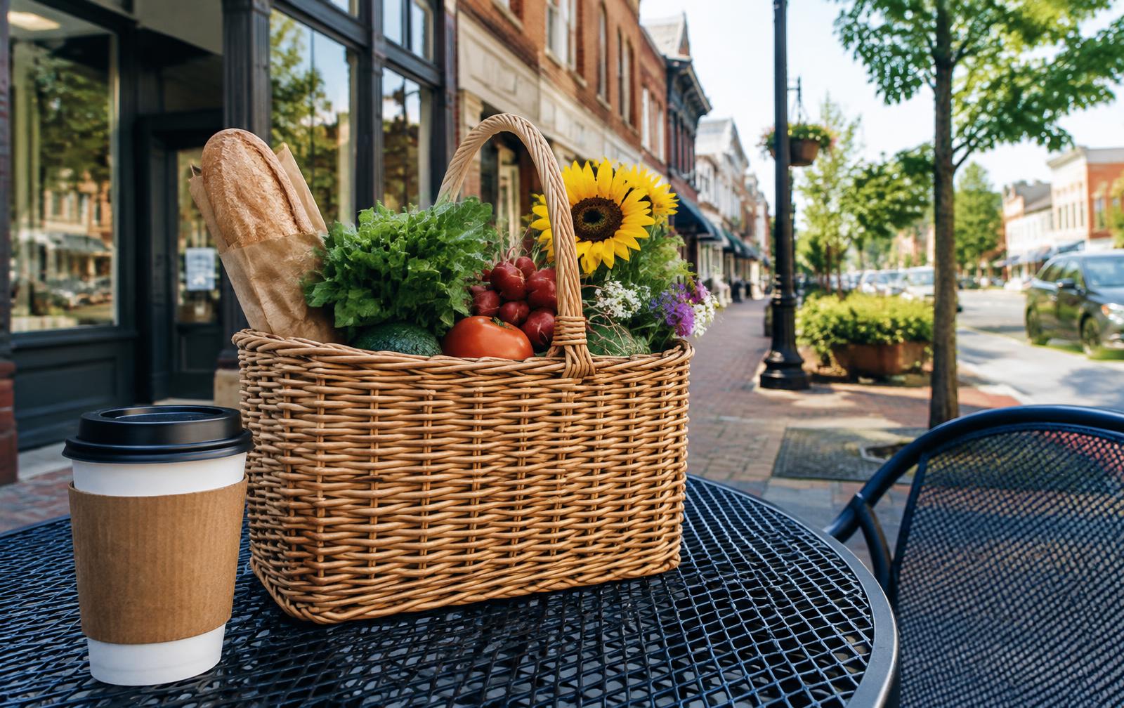 Market basket and coffee on a downtown Mooresville sidewalk