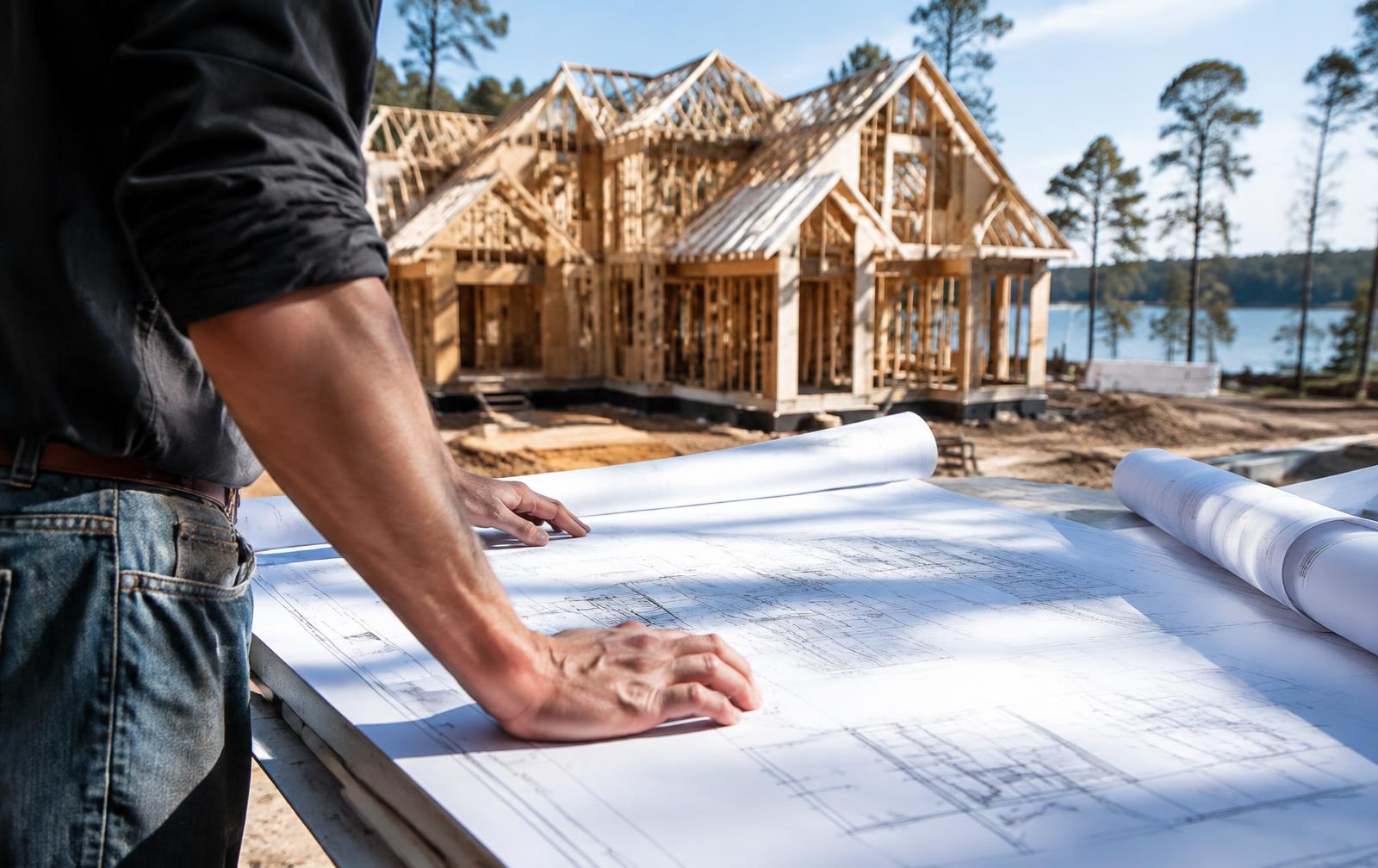 Builder reviewing plans at a Lake Norman home site