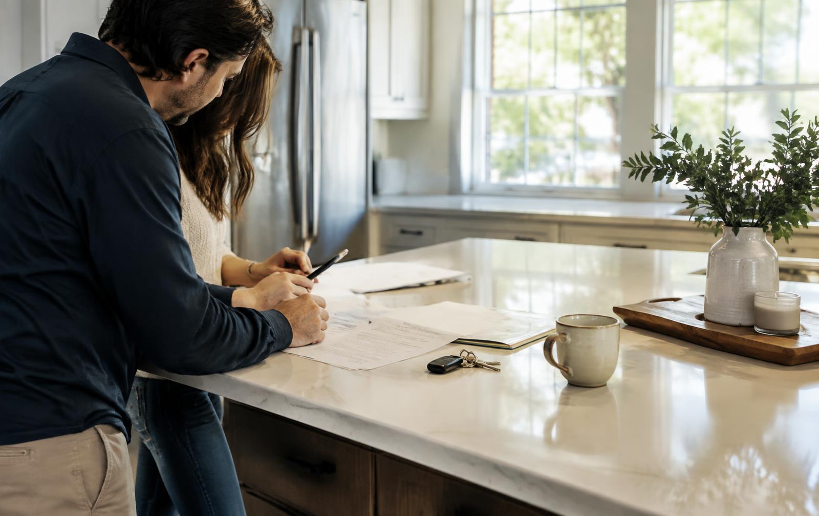 Homebuyers reviewing purchase documents in a Mooresville kitchen