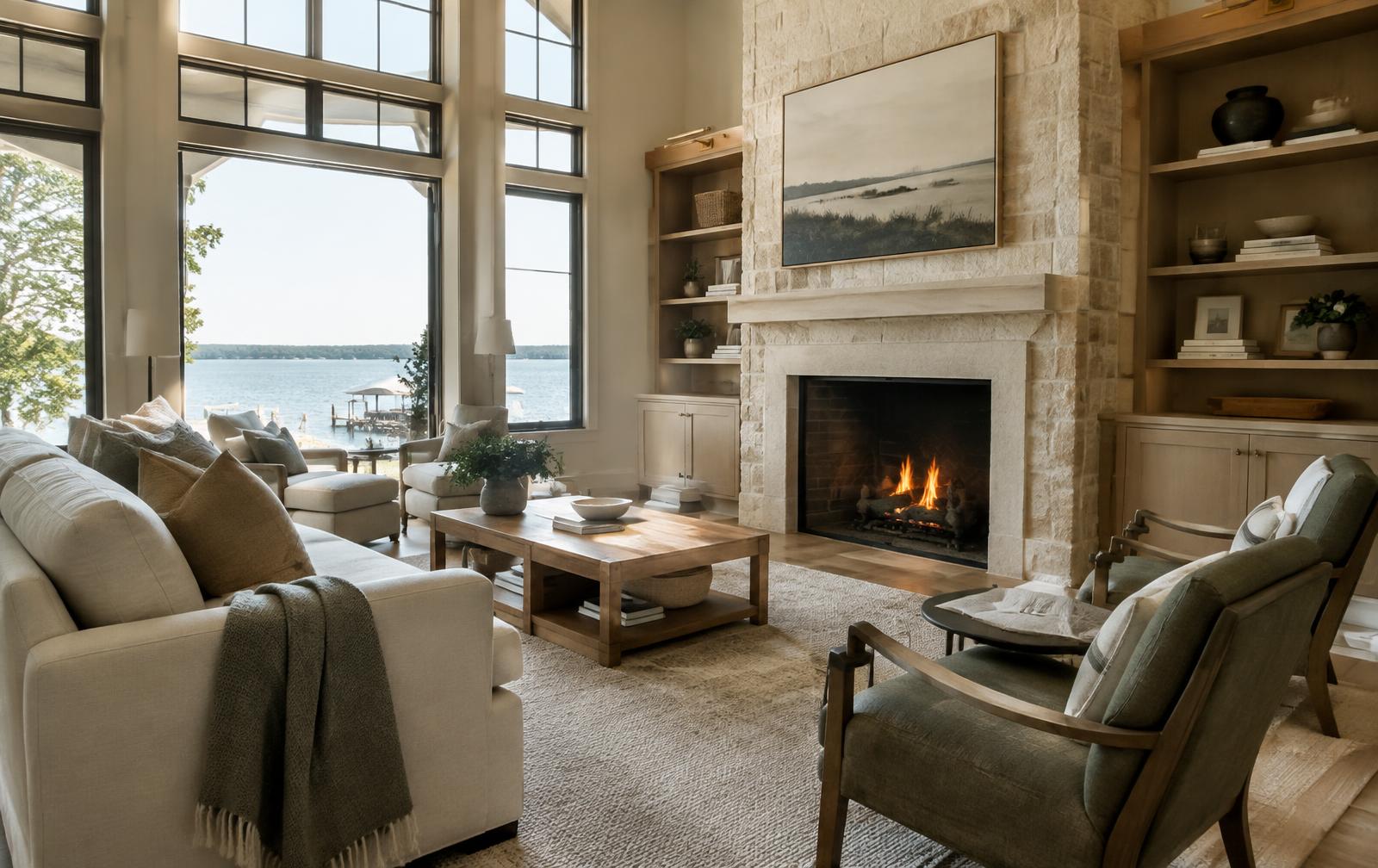 Layered great room overlooking Lake Norman in Mooresville