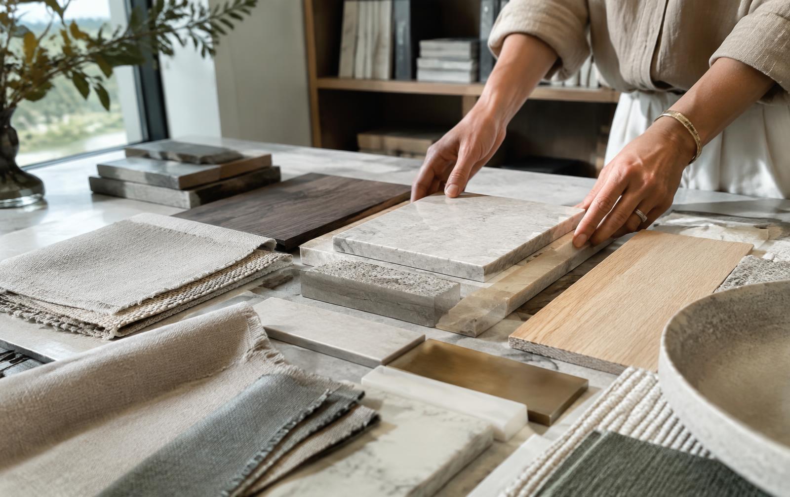 Interior designer arranging stone, wood, and textile samples
