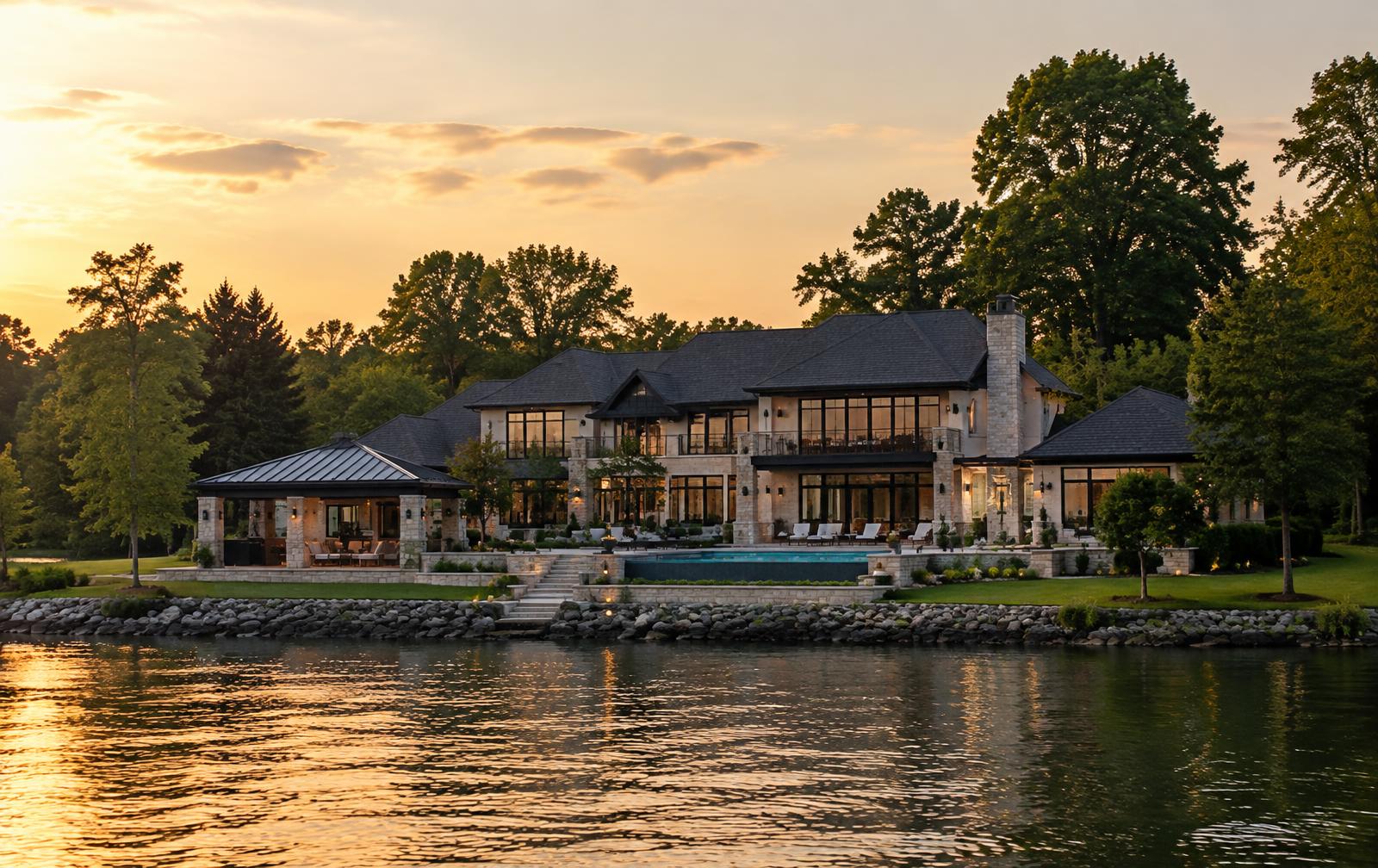 Luxury Lake Norman estate with pool terrace at sunset