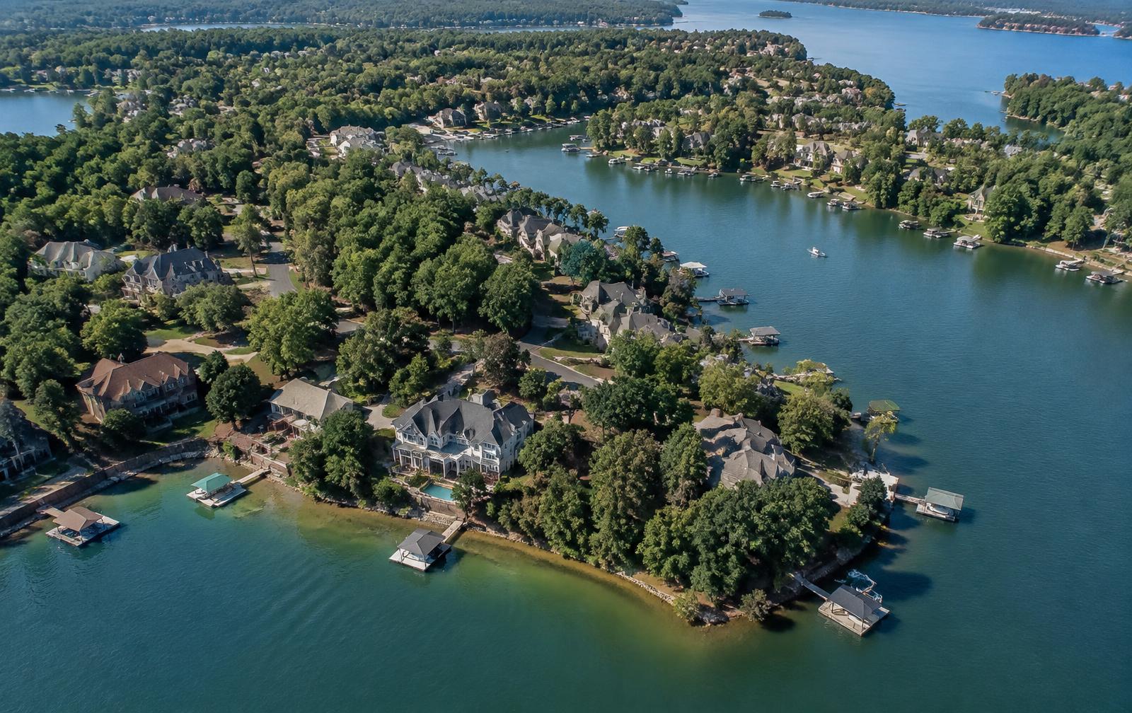 Aerial view of wooded Lake Norman neighborhoods in Mooresville