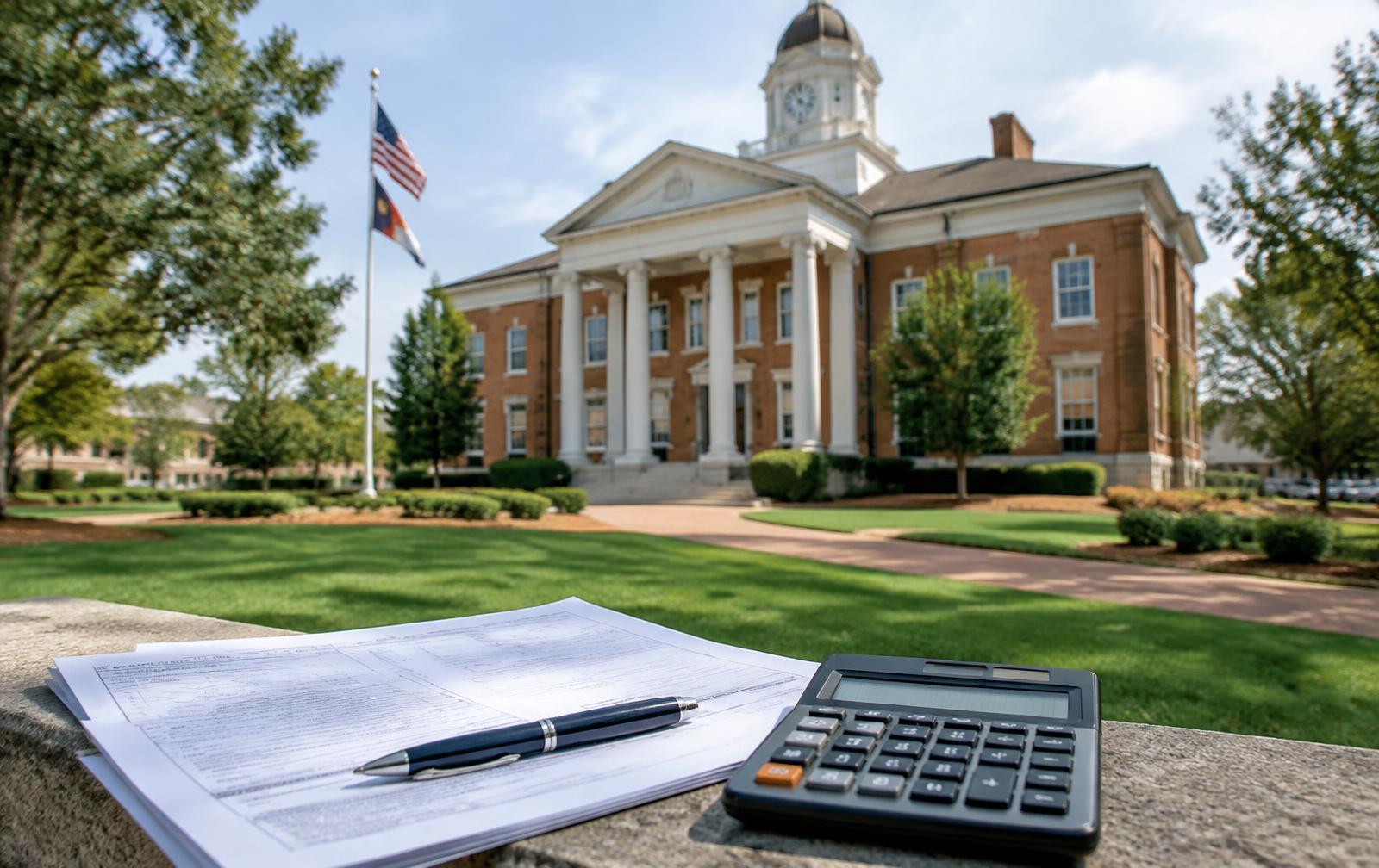 Property documents and calculator outside a local civic building