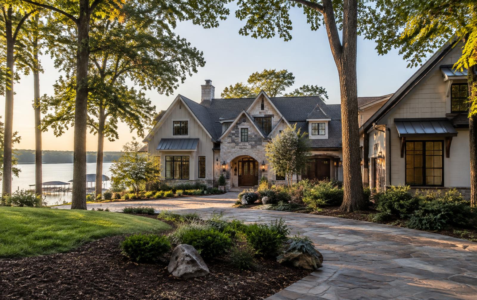 Custom lakefront estate beneath mature trees in Mooresville, North Carolina