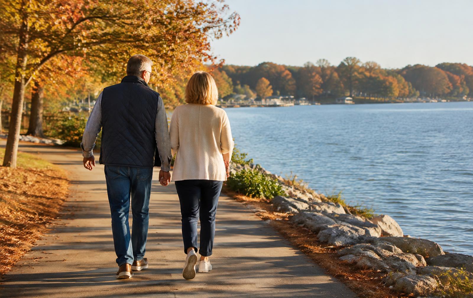 Mature couple walking beside Lake Norman in autumn