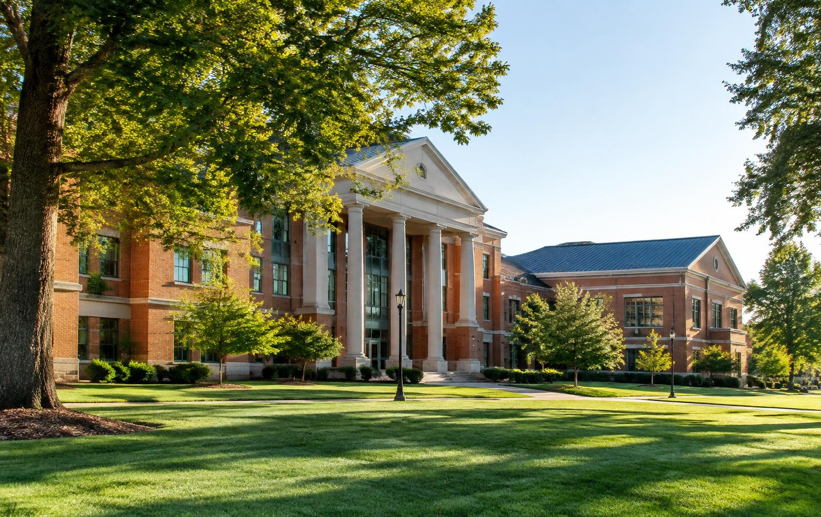 Brick school campus beneath mature trees in Mooresville