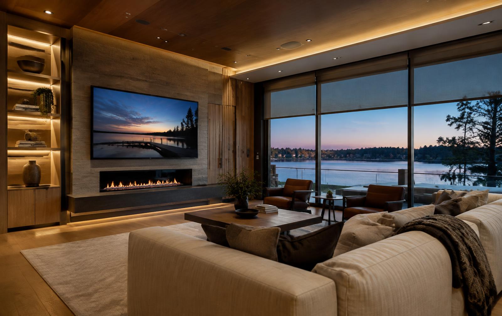 Integrated lighting, shading, and media in a Lake Norman home